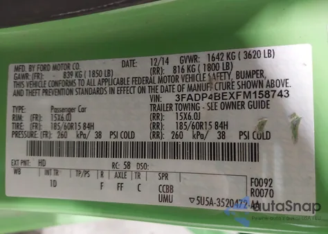 2015 Ford Fiesta Se z USA, uszkodzony, nr VIN 3FADP4BEXFM158743